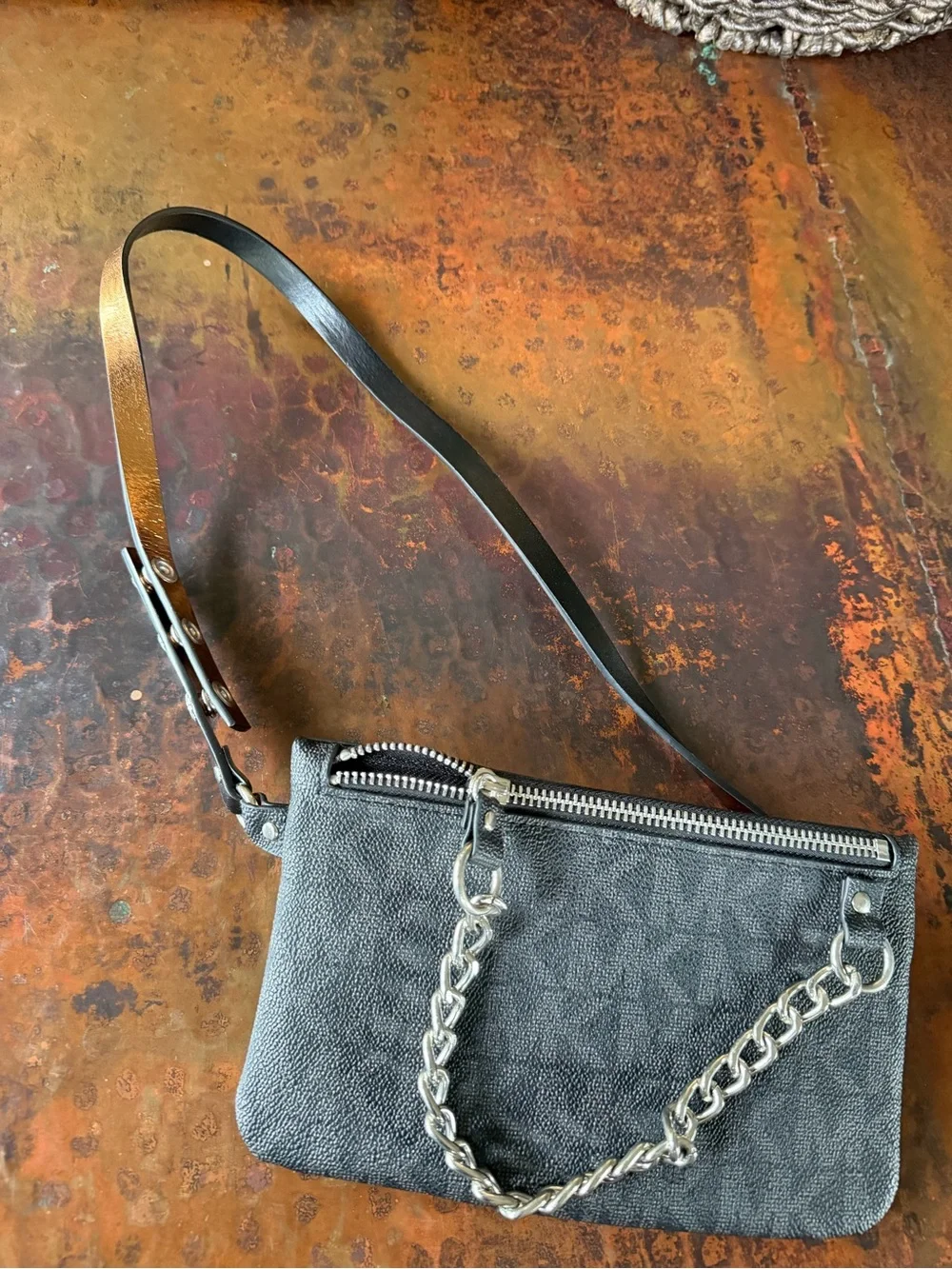 Michael Kors 554131 Black Gray Chain Belt Bag Fanny Pack Silver Hardware